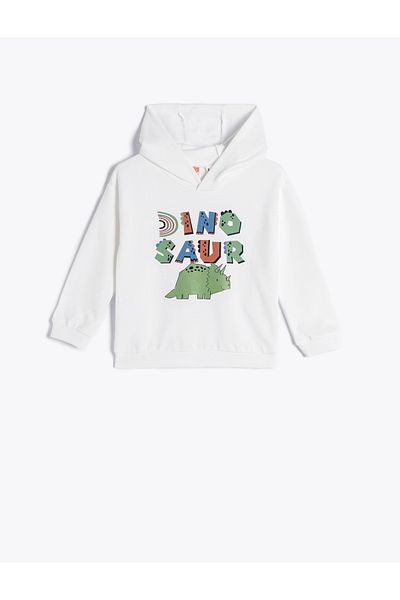 Koton Hooded Sweatshirt Dinosaur Printed Raised Crew Neck Cotton