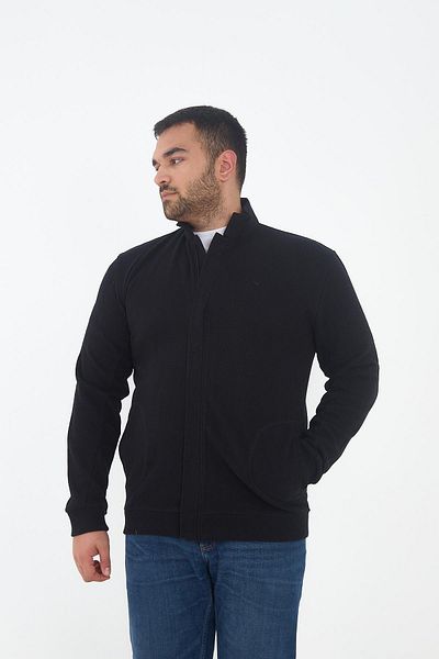 Maccali Men's Large Size Zip-Up Cardigan Black Sweatshirt with Oversized Pockets