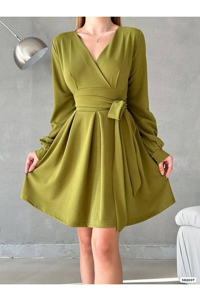 Modamorfo Double Breasted Neckline Dress with Lace-Up Waist - Oil Green