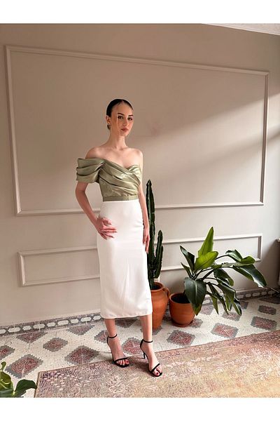 Seri One Shoulder Double Color Midi Length Evening Dress Wedding Engagement Graduation