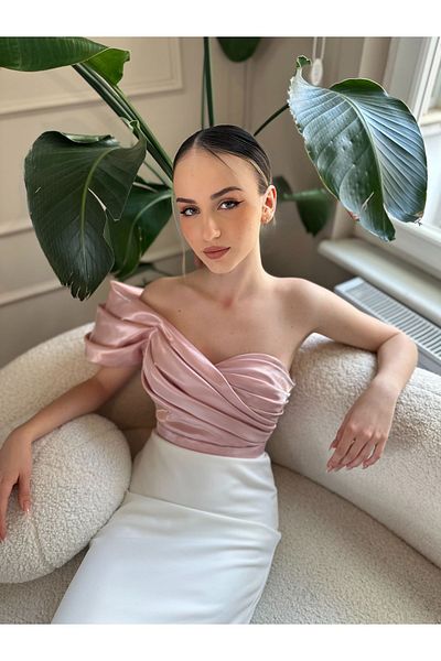 Seri One Shoulder Double Color Midi Length Evening Dress Wedding Engagement Graduation