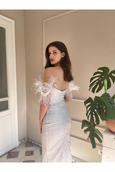 Seri Otrişli Low Sleeve Beading Embroidered Midi Evening Dress Wedding Engagement Graduation