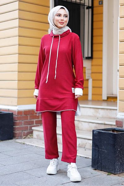 Bestenur Claret Red Nelin τουνίκ και παντελόνι σετ δύο τεμαχίων - 1283