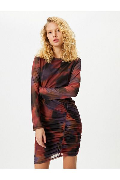 Koton Rochie din tul cu model batik Drapă Detaliată cu mânecă lungă decolteu crestat Căptușită