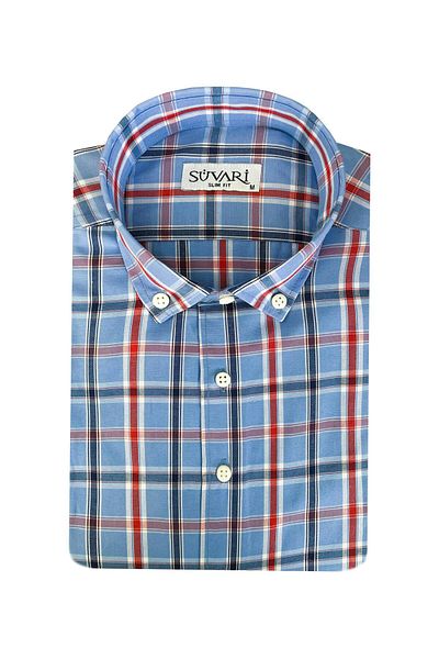 SÜVARİ Ανδρικό πουκάμισο με κοντό μανίκι Cavalry Slim Fit με μπλε σχέδιο