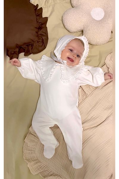 Jammybaby 100% Cotton Scalloped Lace Triangle Collar Jumpsuit for Baby Girl - Lore Hat Gloves Set