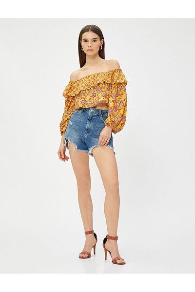 Koton Ethnic Patterned Madonna Collar Crop Ruffled