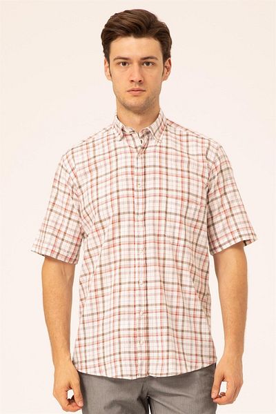 SÜVARİ Süvari Loose-Fit Red Patterned Full Cotton Men's Short Sleeve Shirt with Pockets