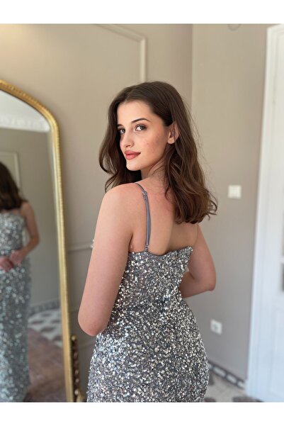 Veste Moda İnce İp Askılı Boncuk Ve Payet İşlemeli Abiye Elbise 2042