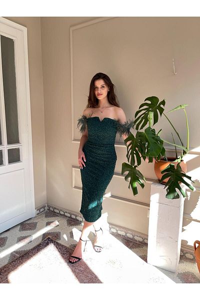 Seri Otrişli Low Sleeve Beading Embroidered Midi Evening Dress Wedding Engagement Graduation