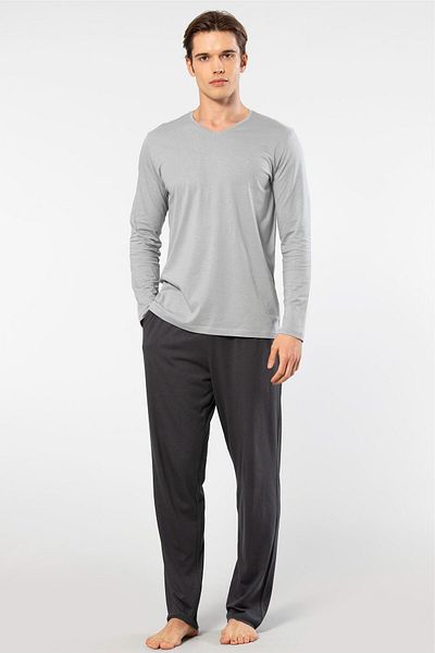 Cacharel Men's V-Neck Long Sleeve Pajamas Set - 50% Modal and 50% Cotton with Bottom Sleepwear Pockets