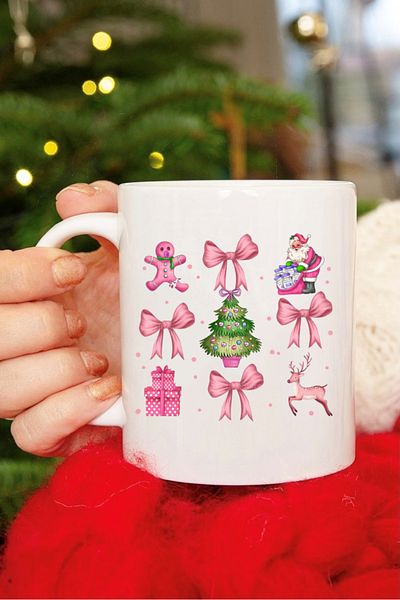 EFBUTİK White Pink Bow Christmas Mug