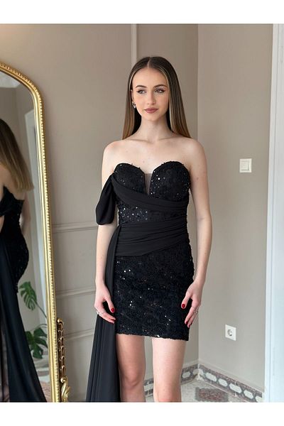 Seri Lase 3D Flower Pattern Bead Sequin Processing Chiffon Detailed Mini Evening Dress Wedding Engagement
