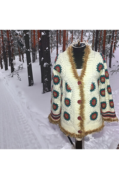 drt tasarım Midi Yılbaşı El Örgüsü Kare Motifli Kadın Kışlık Kombin Hırka