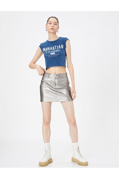 Koton Crop T-Shirt Sleeveless College Themed Printed Cotton
