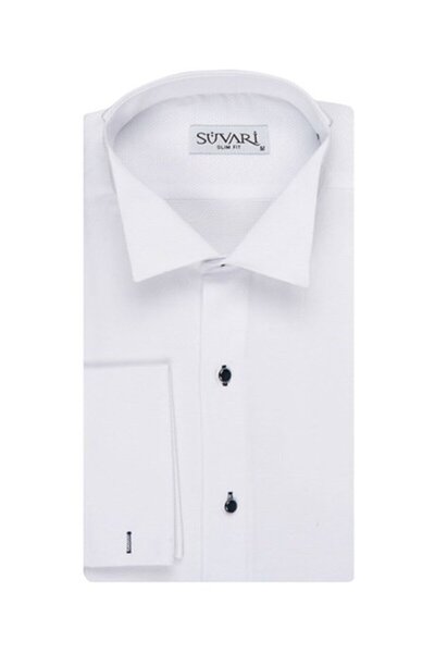 SÜVARİ Süvari Erkek Beyaz Ata Yaka Slim Fit Beyaz Düğmeli Gömlek