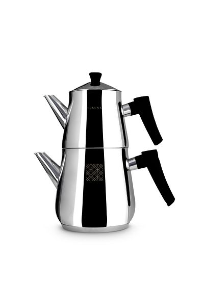Serenk Definition Türkisches Teekanne-set, Caydanlik, Schwarzer Griff, Made In Türkiye