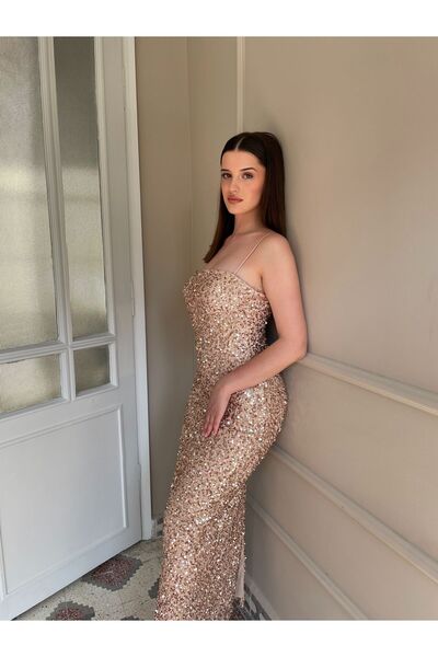 Veste Moda İnce İp Askılı Boncuk Ve Payet İşlemeli Abiye Elbise 2036