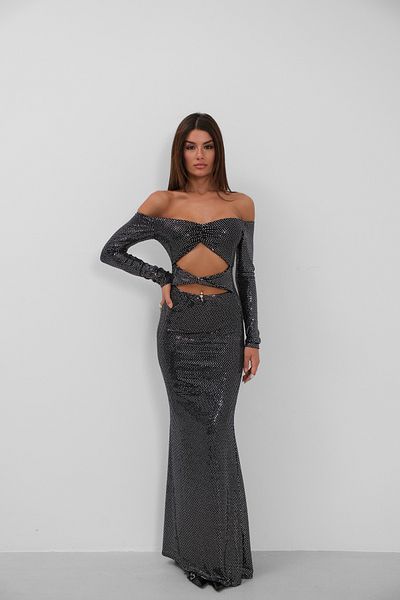 Black Fashion Rochie maxi argintie cu talie cu umeri