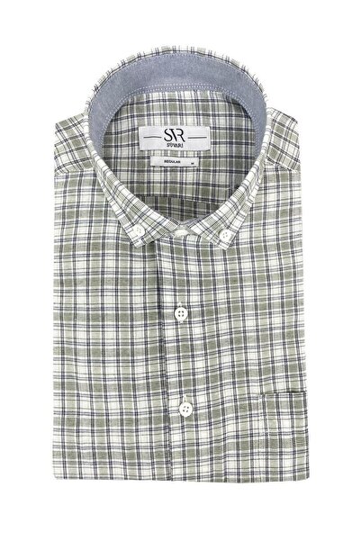 SÜVARİ Süvari Bol Kesim Çizgili Yeşil Kısa Kol Cepli Gömlek