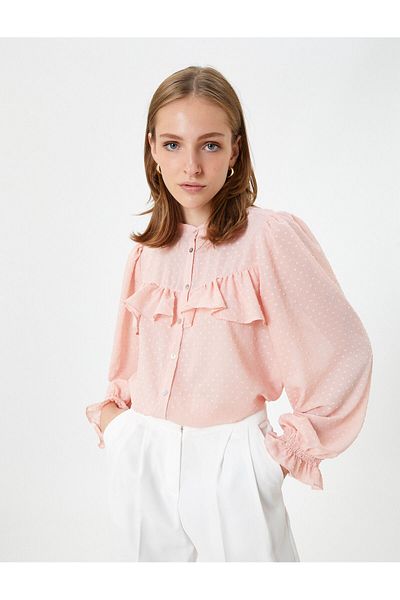 Koton Chiffon Shirt Magnificent Collar Balloon Sleeves Ruffles Textured Buttons