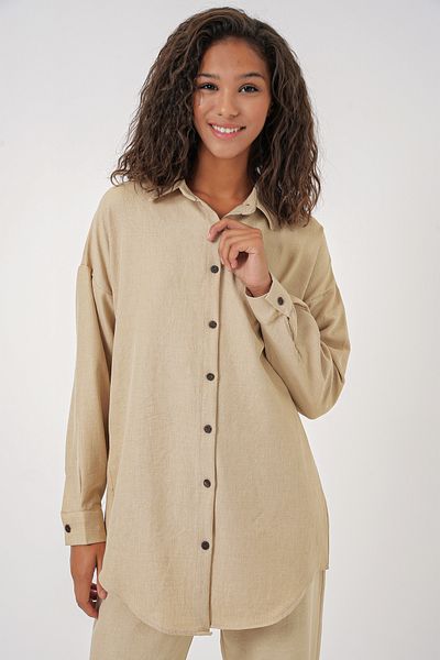 Bigdart Beigefarbenes Oversize-Unterteil-Top-Set aus Leinen für Damen 6622