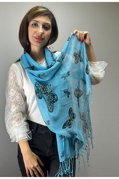 Gönülden Tasarım EșARFĂ DE FEMEI ALBASTRU CU MODEL FLUTURE 160X65 CM