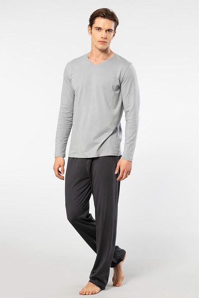 Cacharel Men's V-Neck Long Sleeve Pajamas Set - 50% Modal and 50% Cotton with Bottom Sleepwear Pockets