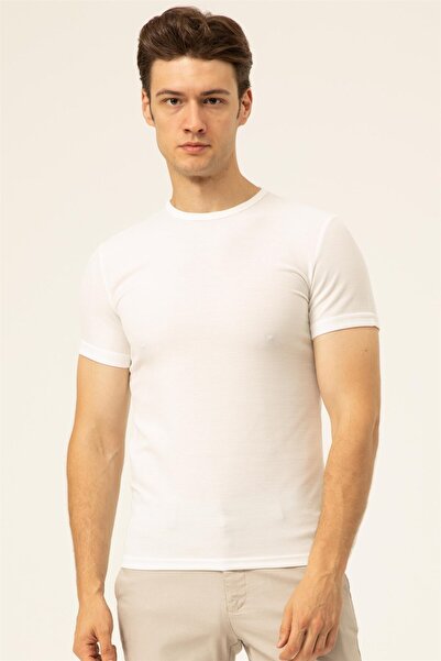 SÜVARİ Süvari Slim Fit Waffle Desenli O Yaka Beyaz Tshirt