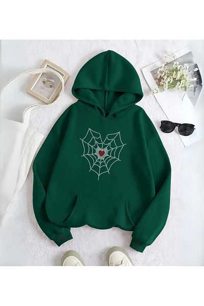 Touz Moda Spider Heart Stonework Detail Printed Green Hooded Sweatshirt