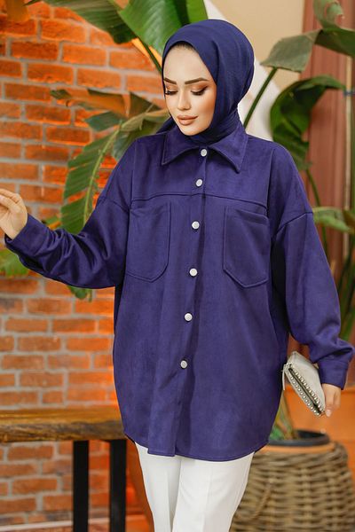Neva Style Cămașă din piele intoarsa Hijab albastru bleumarin cu nasturi 10305L