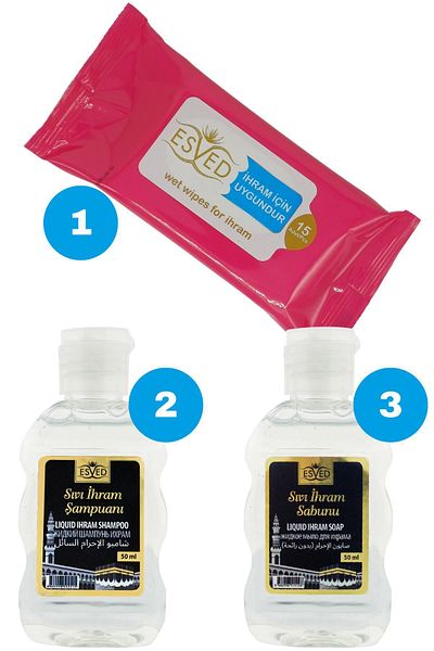 ESVED Ihram Set, Unscented Ihram Liquid Soap, Unscented Ihram Liquid Shampoo, Unscented Ihram Wet Wipes