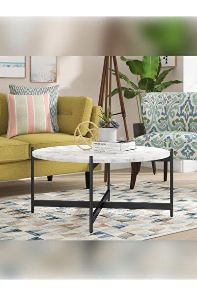 ESV Gelinda Orta Sehpa Siyah Ayak Beyaz Mermer Tabla