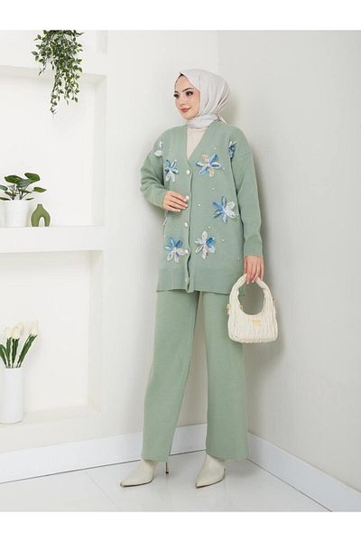 moda periy Women's Floral Cardigan Trousers Double Hijab Knitwear Suit Hijab Combination
