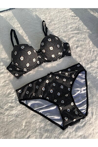Everyone s Kadın Siyah Puantiyeli Çiçekli Sütyen Takımı