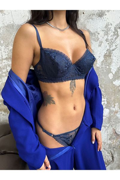 Retro Steampunk Σέξι δαντελένια φλοράλ Navy Blue Ruched σουτιέν εσώρουχο