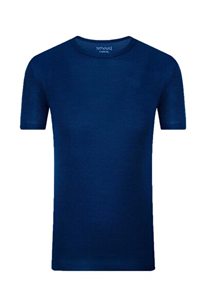 SÜVARİ Süvari Slim Fit Waffle Desenli O Yaka Mavi Tshirt