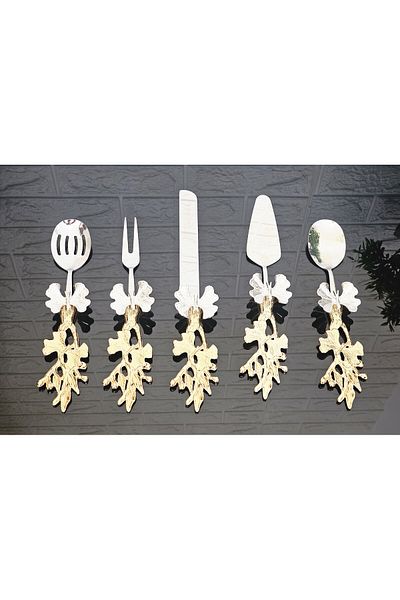 atabey home collection Gold Serving Set 5 Pieces - Butterfly Detailed Cake and Spatula