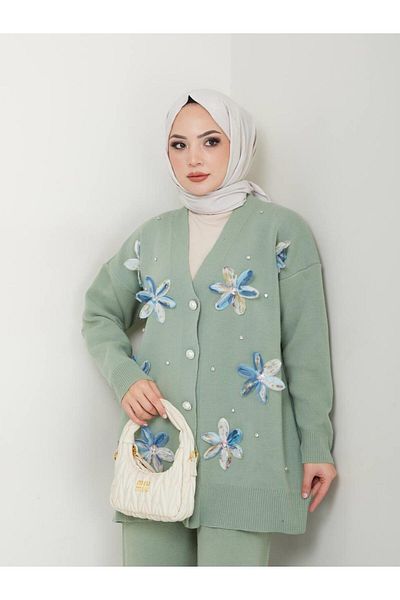 moda periy Women's Floral Cardigan Trousers Double Hijab Knitwear Suit Hijab Combination