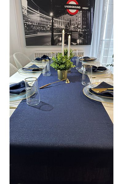 Decamor home Runner lung albastru bleumarin cu textura de in