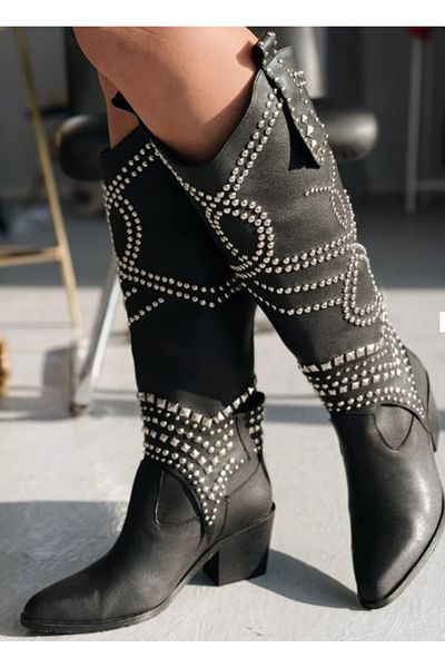 Afilli Afili Women - Black Studded Stylish Long Cowboy Boots with Pointed Toe and Over-The-Knee Chunky Heel