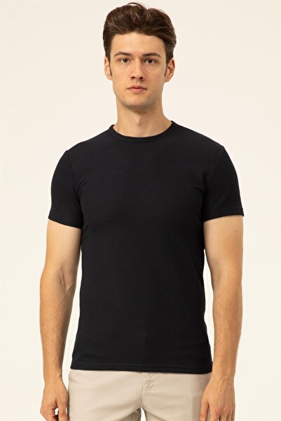 SÜVARİ Süvari Slim Fit Waffle Desenli O Yaka Lacivert Tshirt