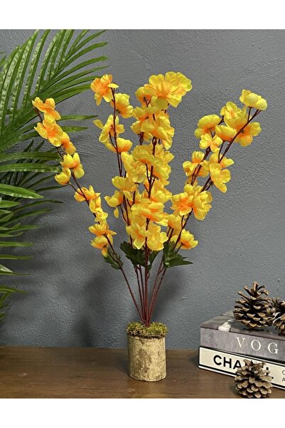 Nettenevime Yapay Çiçek Ahşap Kütük Saksılı Sarı Bahardalı Palmiye Ağacı Salon Bitkisi 50cm