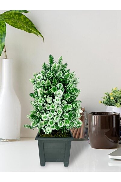 Nettenevime زهرة اصطناعية شجرة بونساي الأبيض مخروط نموذج ديكور شجرة اصطناعية بونساي 30*15 سنتيمتر في وعاء مربع أسود