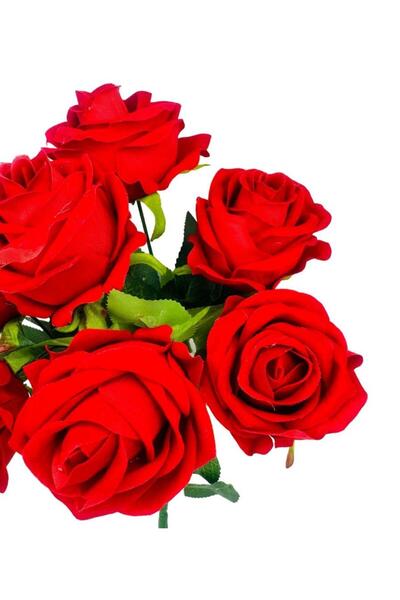 Nettenevime Yapay Çiçek Kadife Kırmızı Gül Demeti 7 Dallı 35*25cm 7cm Gül Büyükboy KIRMIZI