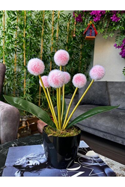 Nettenevime Yapay Çiçek Kırmızı Açık Pompon Siyah Saksıda Dekoratif Yapay Çiçek 30*20cm