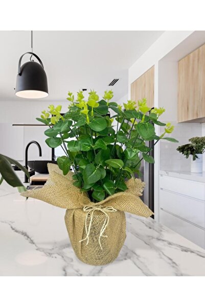 Nettenevime Yapay Çiçek Keten Saksıda Okaliptus Yeşil 12Dal 40cm Salon Çiçeği Yapay Bitki