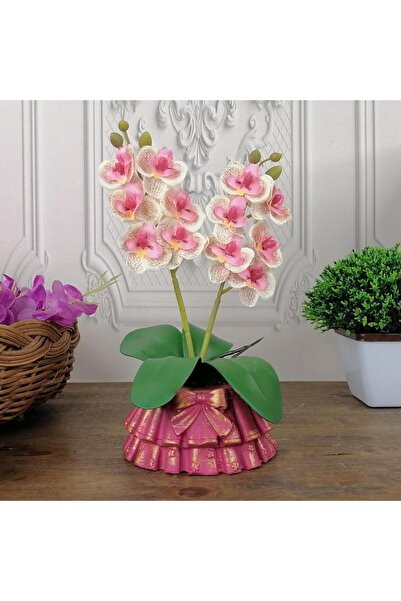 Nettenevime Beton Saksılı Yapay Orkide Pileli Etek Saksılı Pembe Açık Mini Yapay Orkide