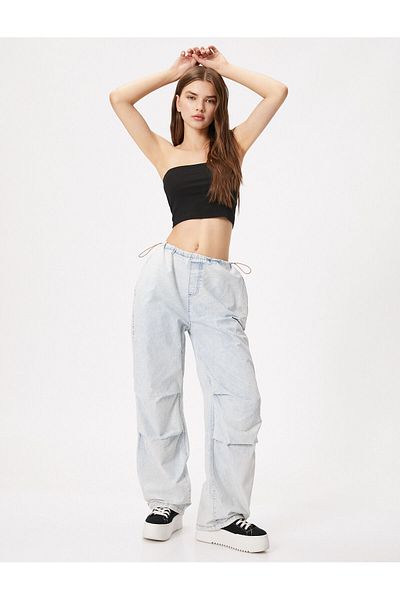 Koton Pantaloni parașuta din denim din bumbac cu opritor elastic în talie