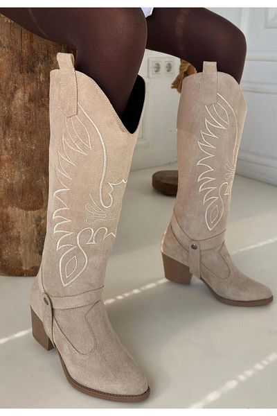 Erbilden Jilla Beige Suede Removable Heeled Boots and Boots